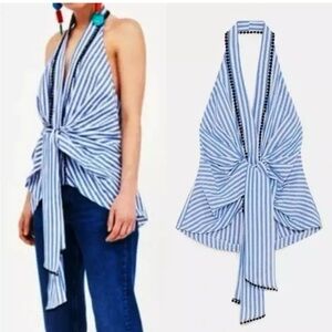 Zara cotton linen halter top open back XS